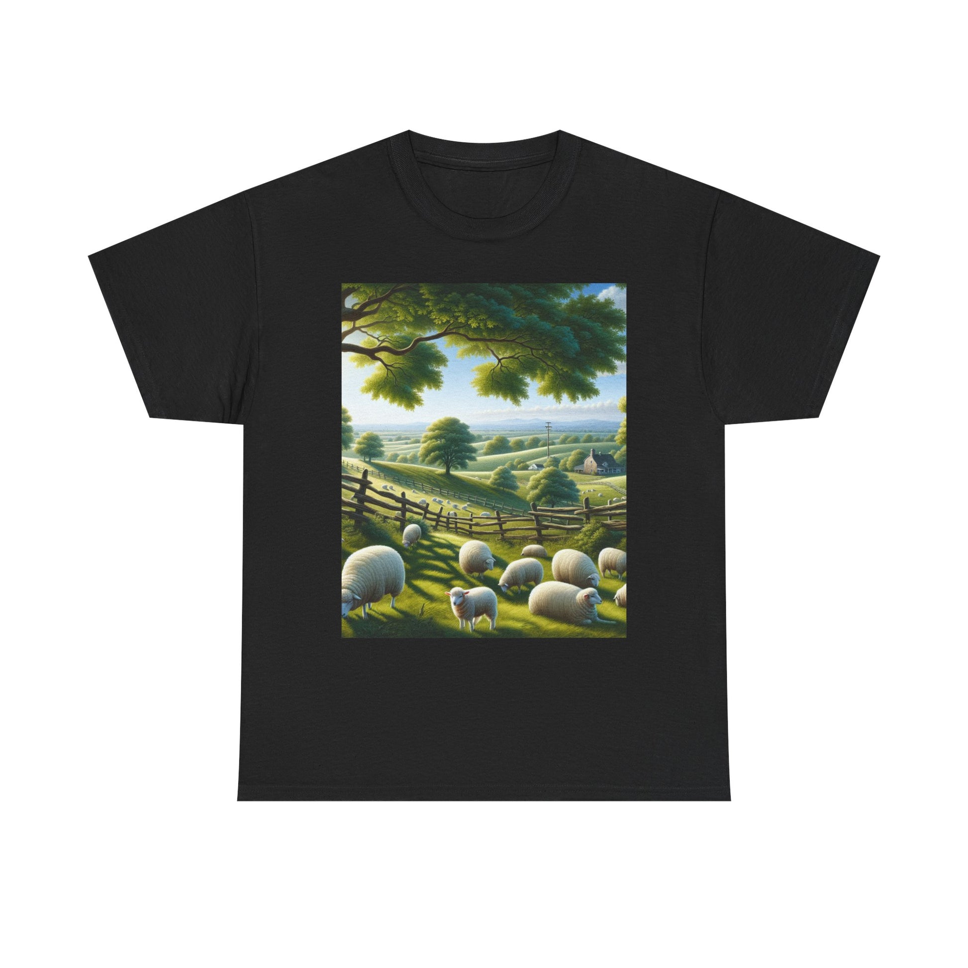 Relaxing Pastoral Scene Unisex Heavy Cotton Tee - Perfect for Farm Lovers, Nature Walks, Casual Outings, Birthdays, Outdoors, Gifts