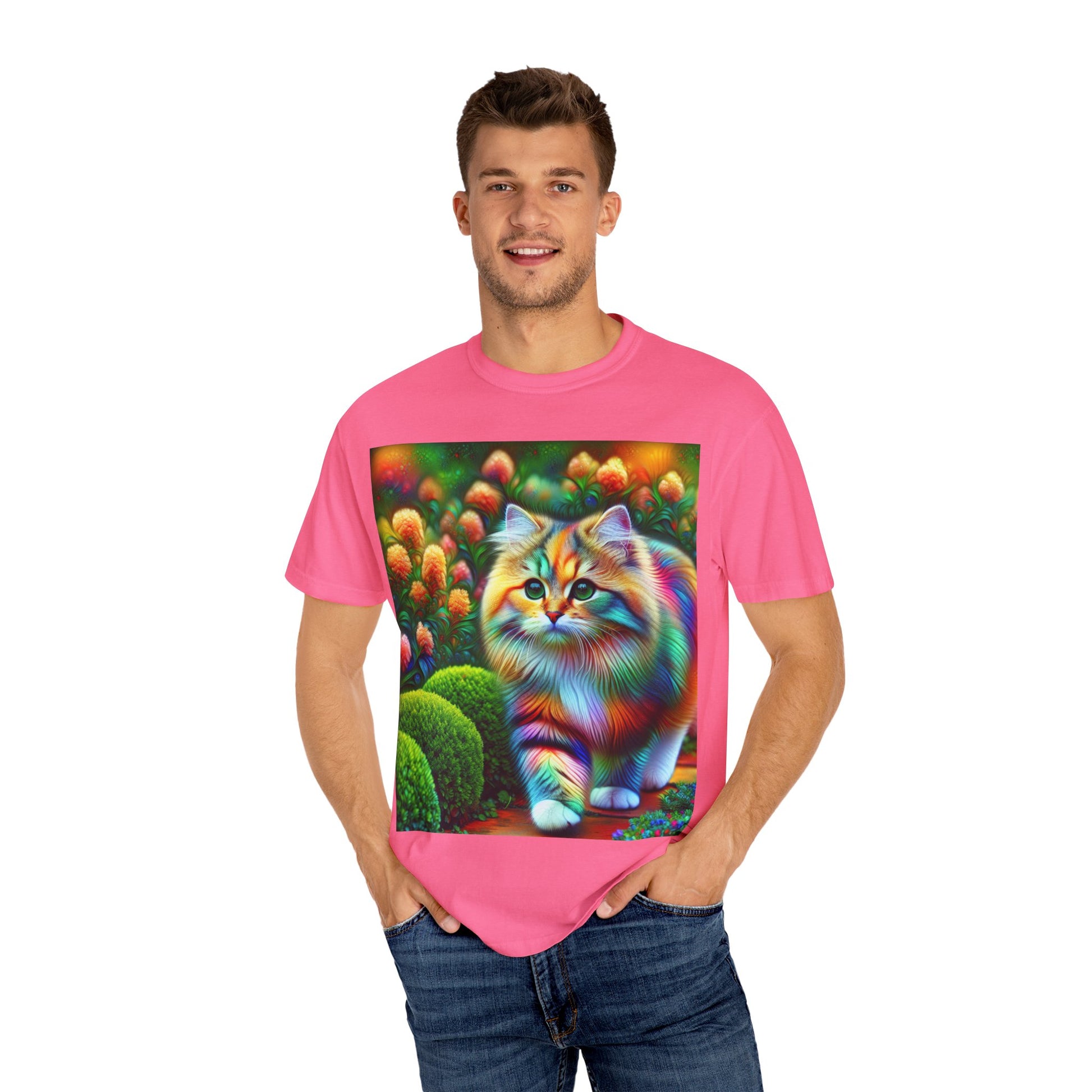 Colorful Cat Garden Unisex T-Shirt, Vibrant Floral Tee, Cat Lover Gift, Rainbow Design, Cozy Casual Wear