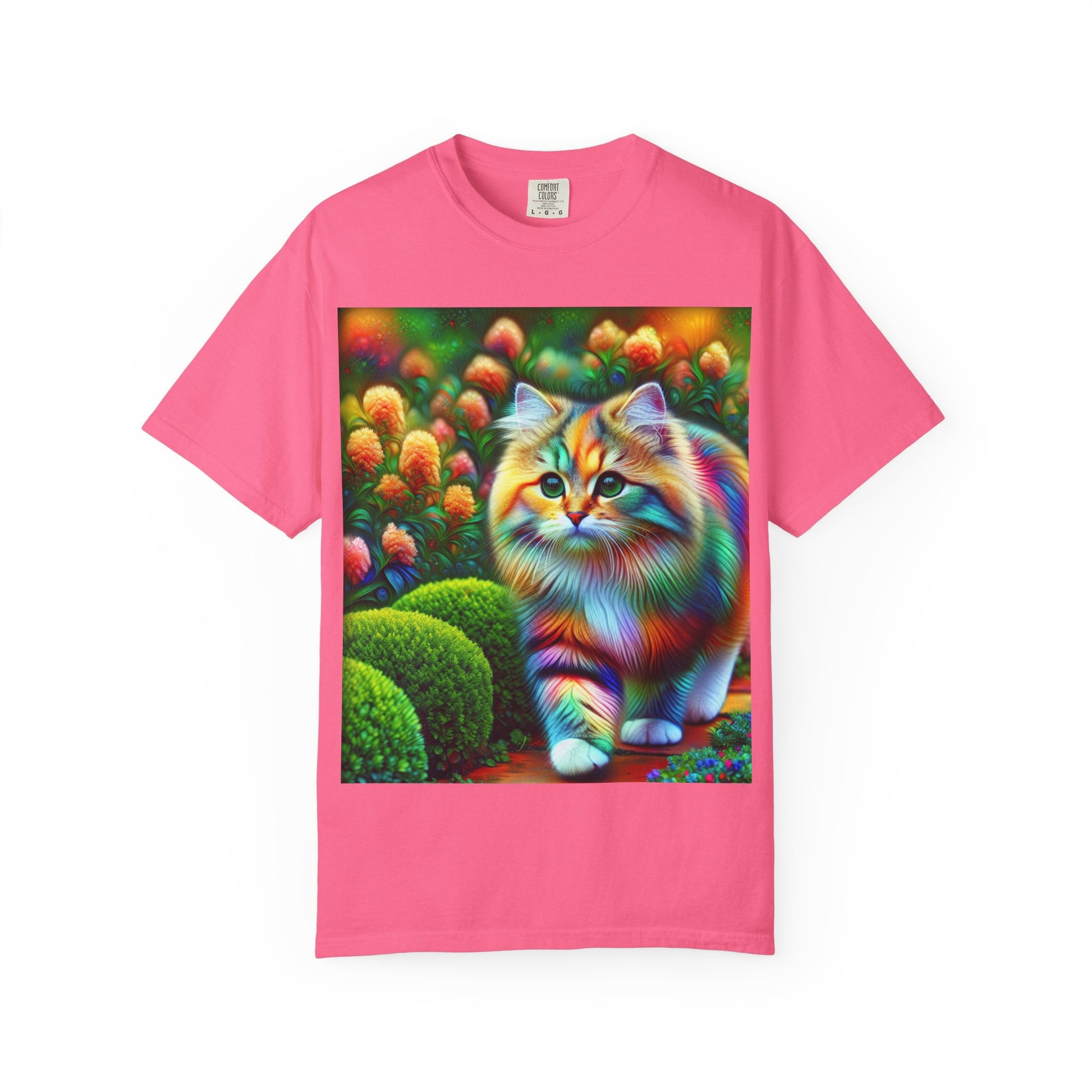 Colorful Cat Garden Unisex T-Shirt, Vibrant Floral Tee, Cat Lover Gift, Rainbow Design, Cozy Casual Wear