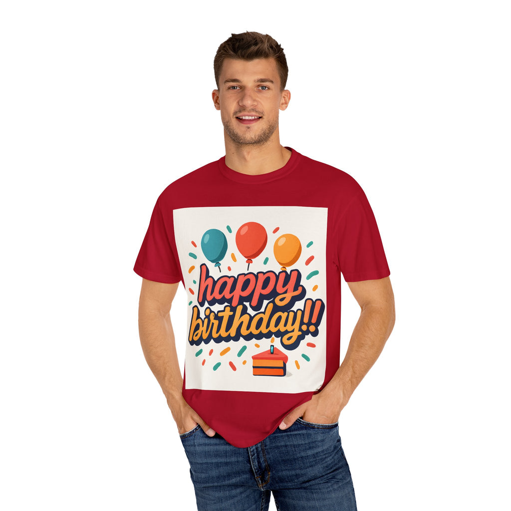 Birthday T-Shirt — Colorful "Happy Birthday!!" Balloons & Cake Celebration Tee