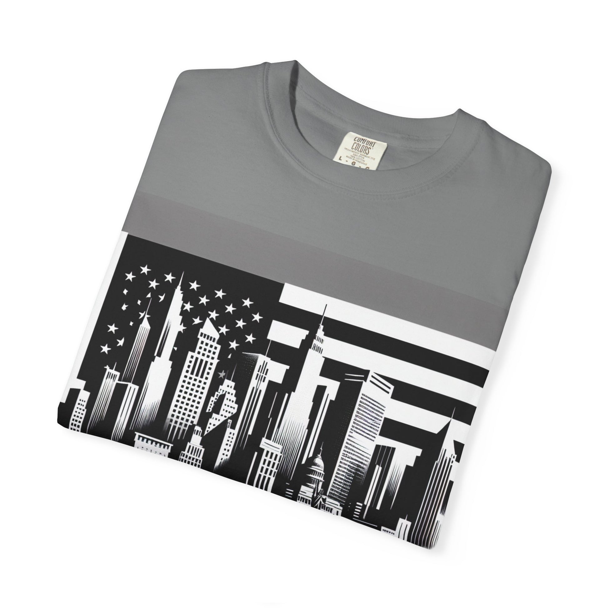 Urban Landscape Graphic Tee, Cityscape T-Shirt, Unisex Streetwear, Cool Summer Style, Travel Lover Gift, American Flag Design