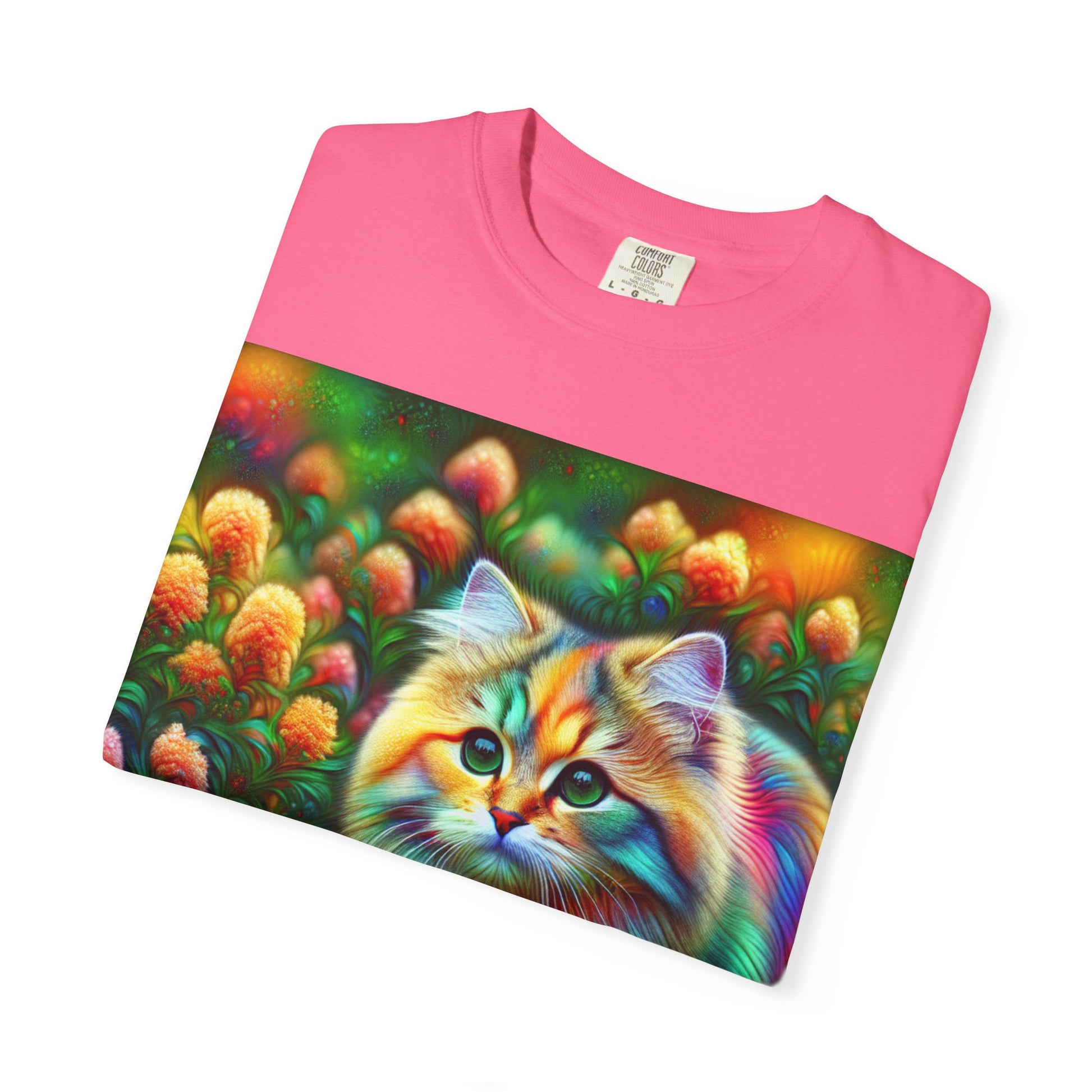 Colorful Cat Garden Unisex T-Shirt, Vibrant Floral Tee, Cat Lover Gift, Rainbow Design, Cozy Casual Wear