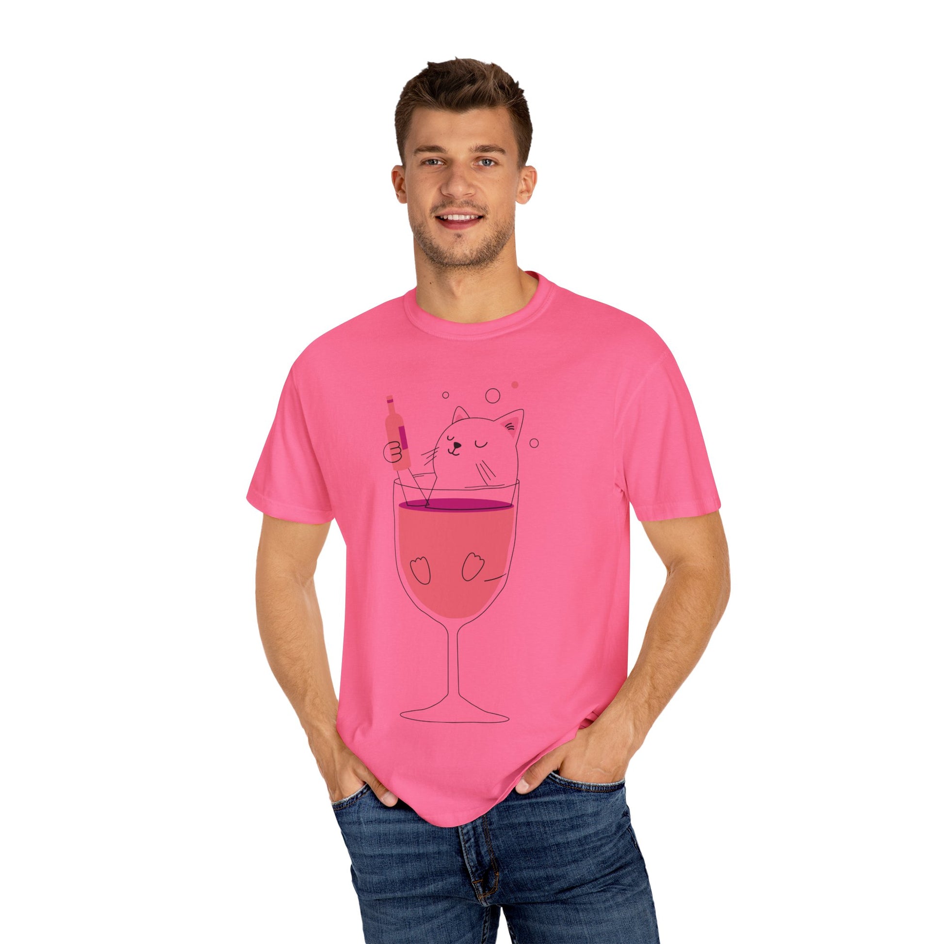 Cute Cat Wine Glass T-Shirt, Cat Lover Gift, Funny Pet Tee, Animal Humor Apparel, Unisex Graphic Tee