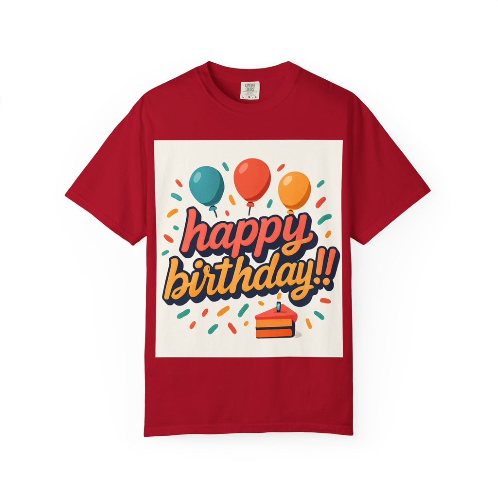 Birthday T-Shirt — Colorful "Happy Birthday!!" Balloons & Cake Celebration Tee
