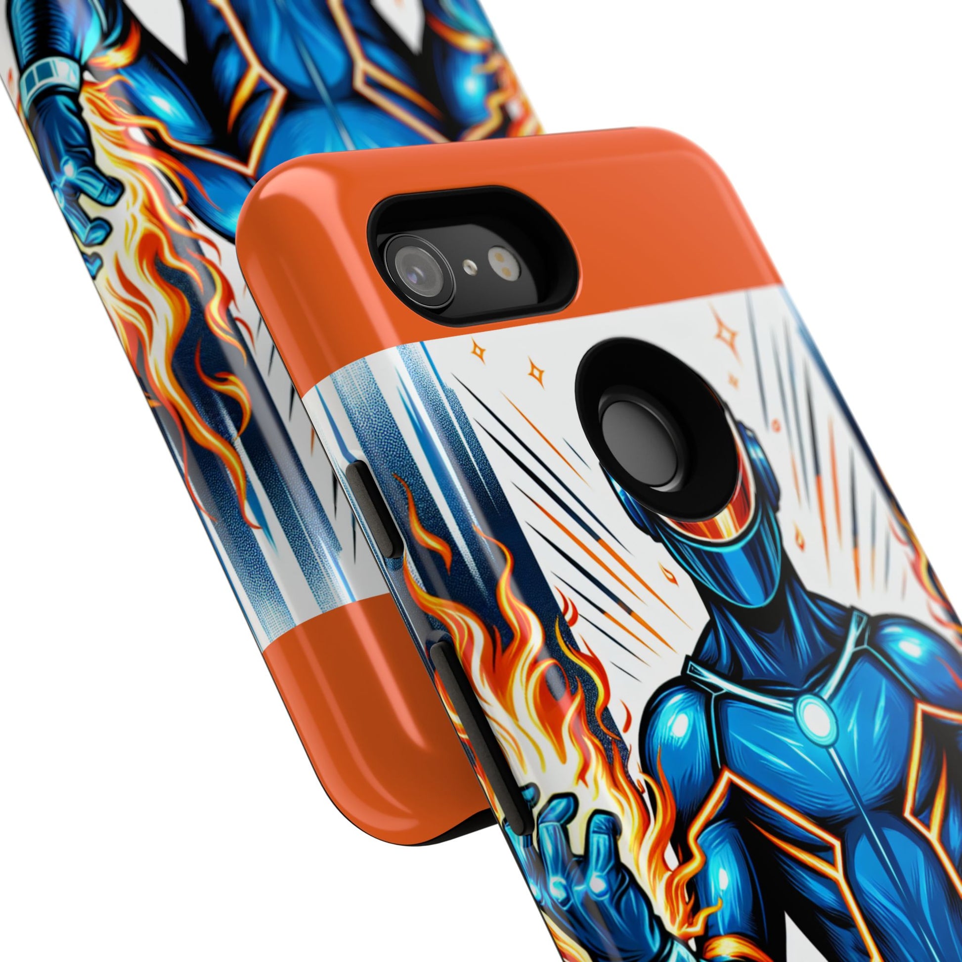 Vibrant Phone Case Featuring Fire-Themed Superhero Design, Durable and Stylish Gift for Gamers, Comic Lovers, and Tech Enthusiasts