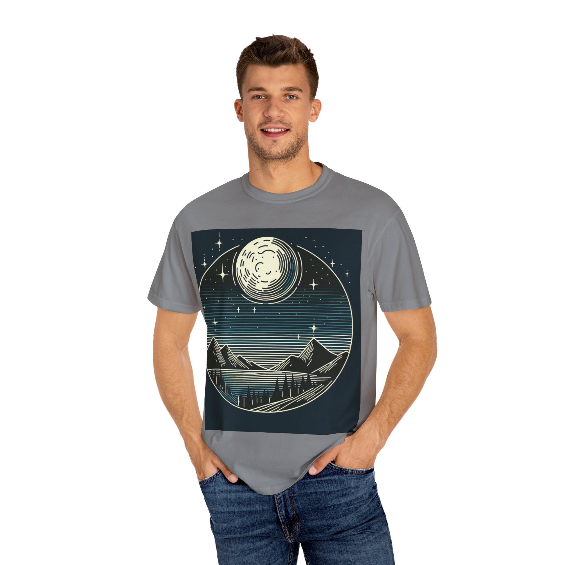 Moonlit Landscape T-Shirt, Nature Tee, Unisex Graphic Shirt, Outdoor Adventure Clothing, Gift for Hikers, Starry Night Apparel