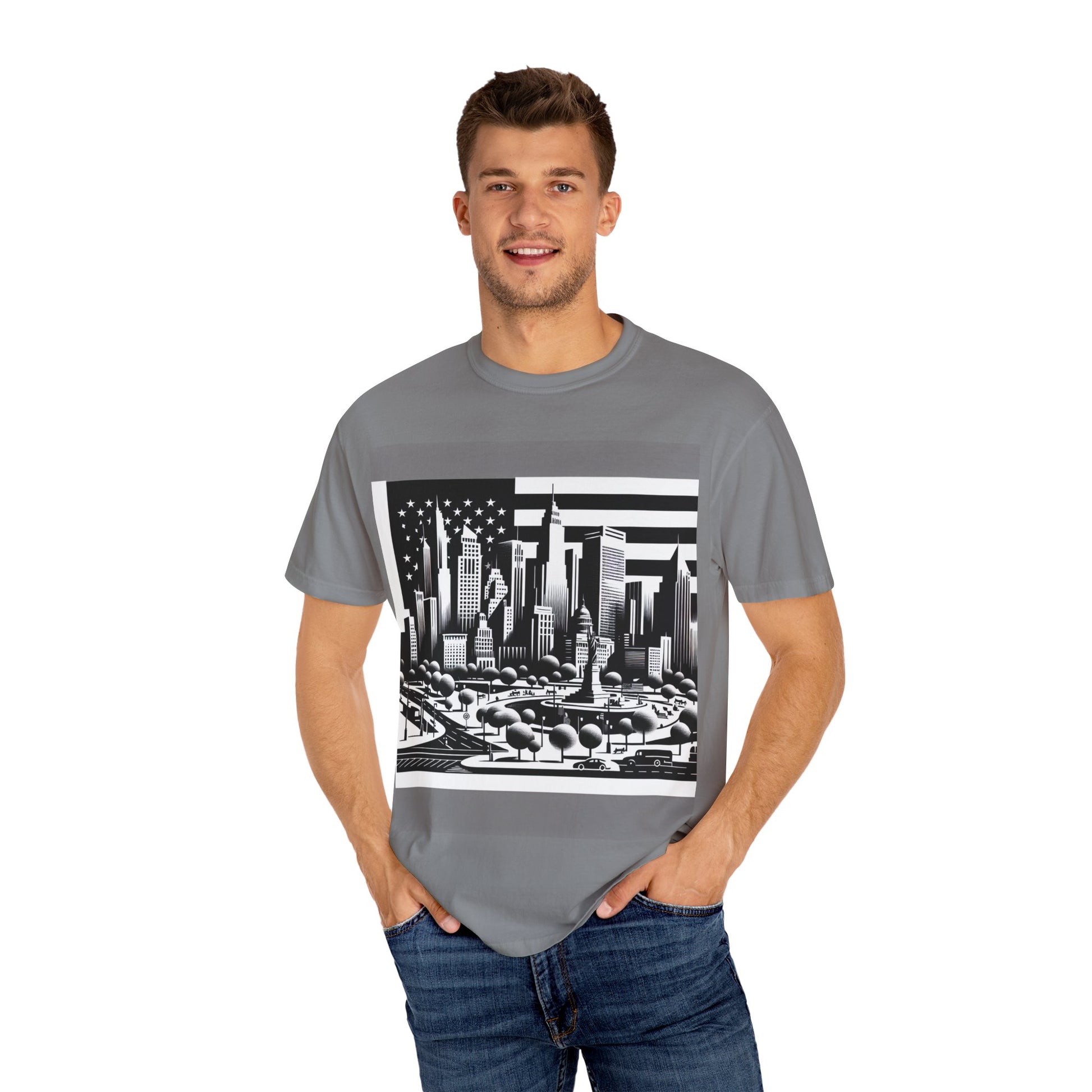 Urban Landscape Graphic Tee, Cityscape T-Shirt, Unisex Streetwear, Cool Summer Style, Travel Lover Gift, American Flag Design