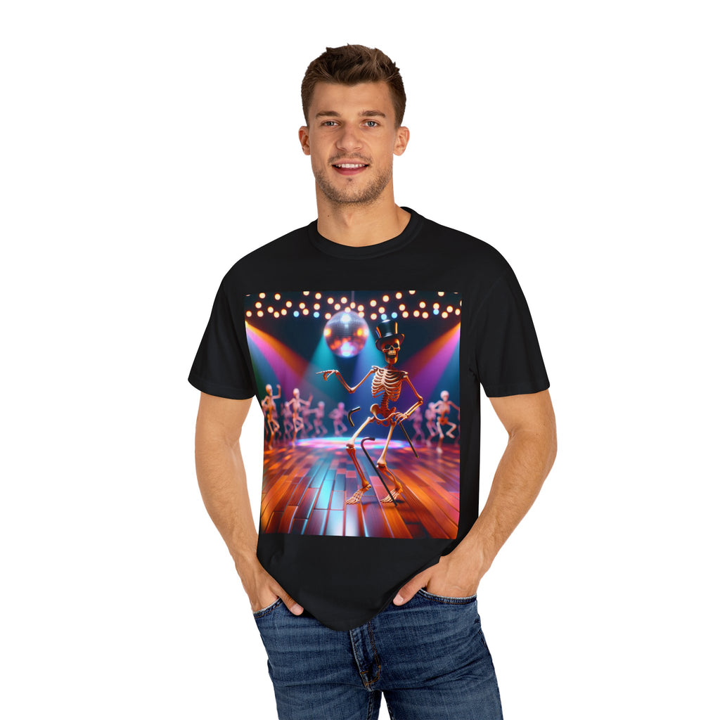 Disco Party Skeleton T-shirt, Unisex Garment-Dyed Tee, Fun Halloween Shirt, Retro Dancewear for Music Lovers, Gift for Spooky Season
