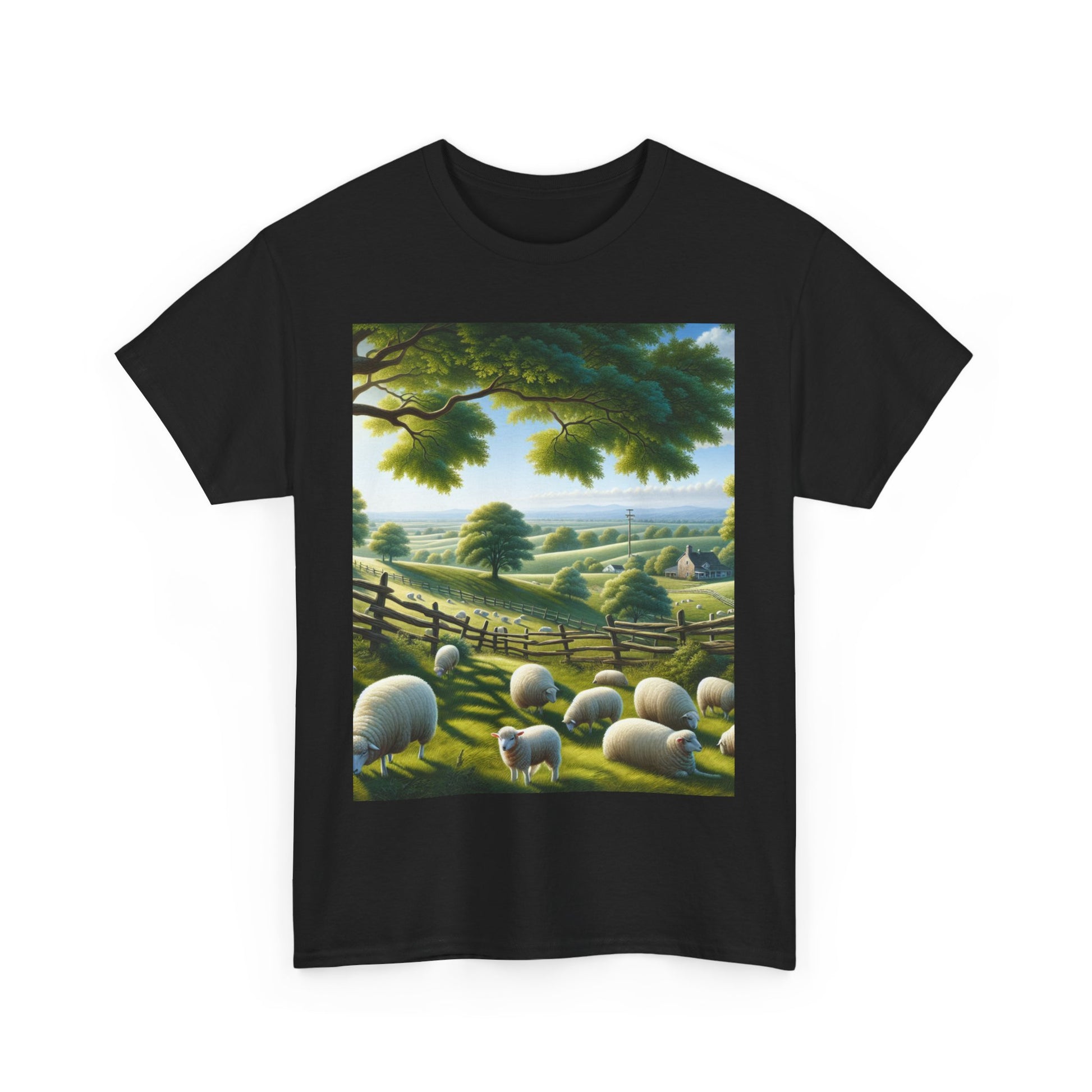 Relaxing Pastoral Scene Unisex Heavy Cotton Tee - Perfect for Farm Lovers, Nature Walks, Casual Outings, Birthdays, Outdoors, Gifts