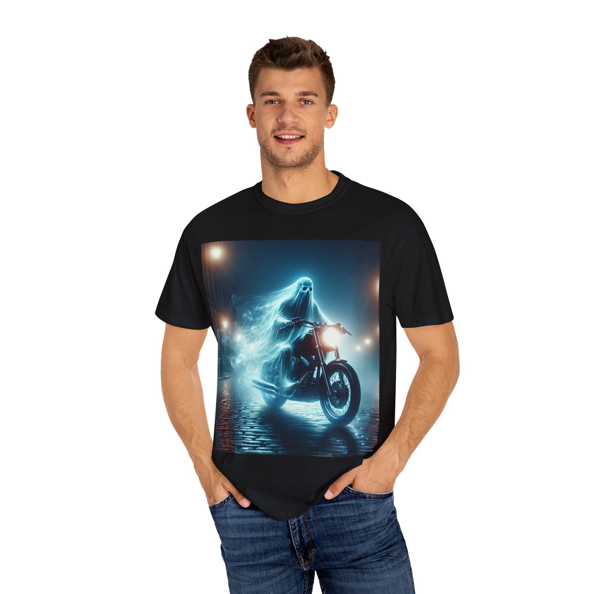 Ghostly Rider Unisex T-Shirt | Spooky Motorcycle Graphic Tee for Halloween, Cozy Casual Wear, Gifts for Bikers, Festival Outfit