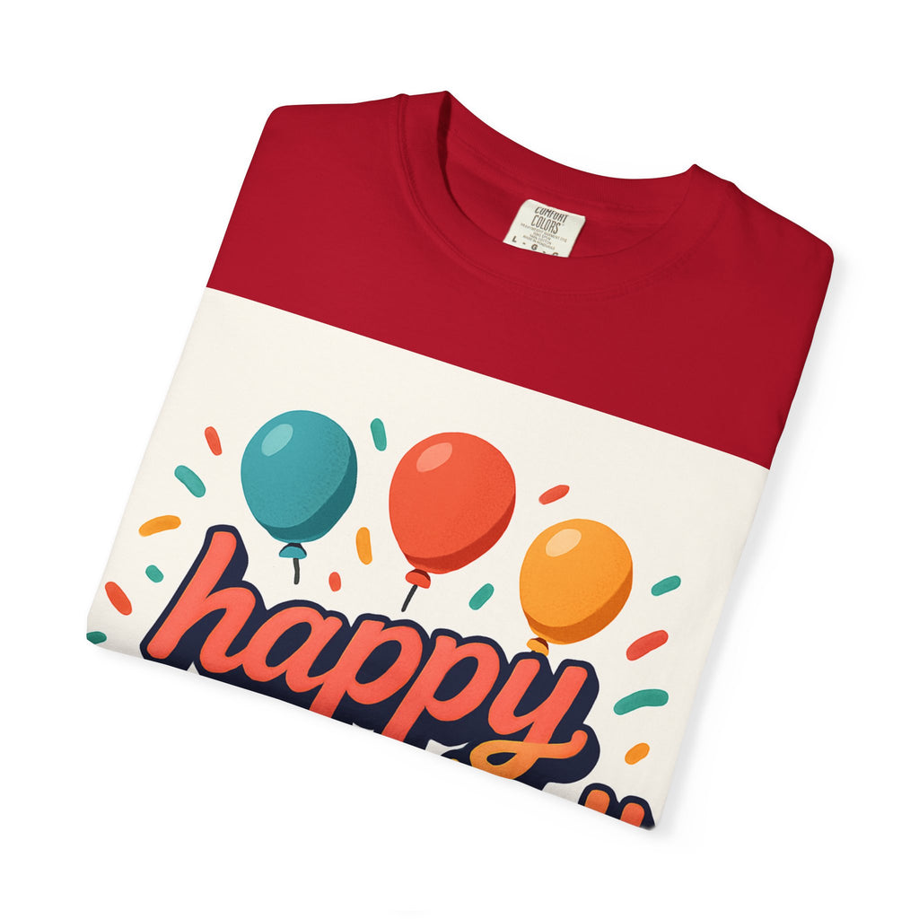Birthday T-Shirt — Colorful "Happy Birthday!!" Balloons & Cake Celebration Tee