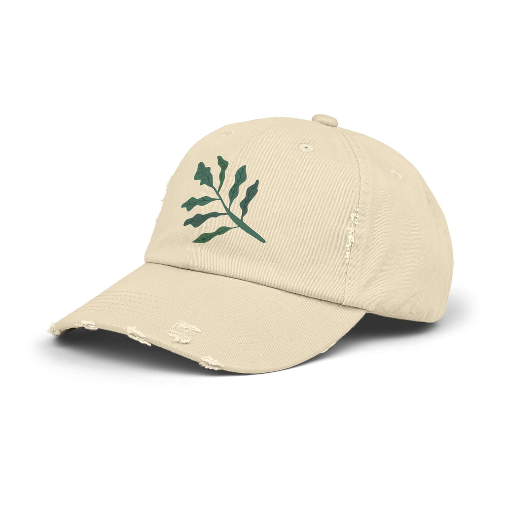 Distressed Cap with Leaf Design, Trendy Unisex Cap, Casual Summer Accessory, Gift for Plant Lovers, Outdoor Hat