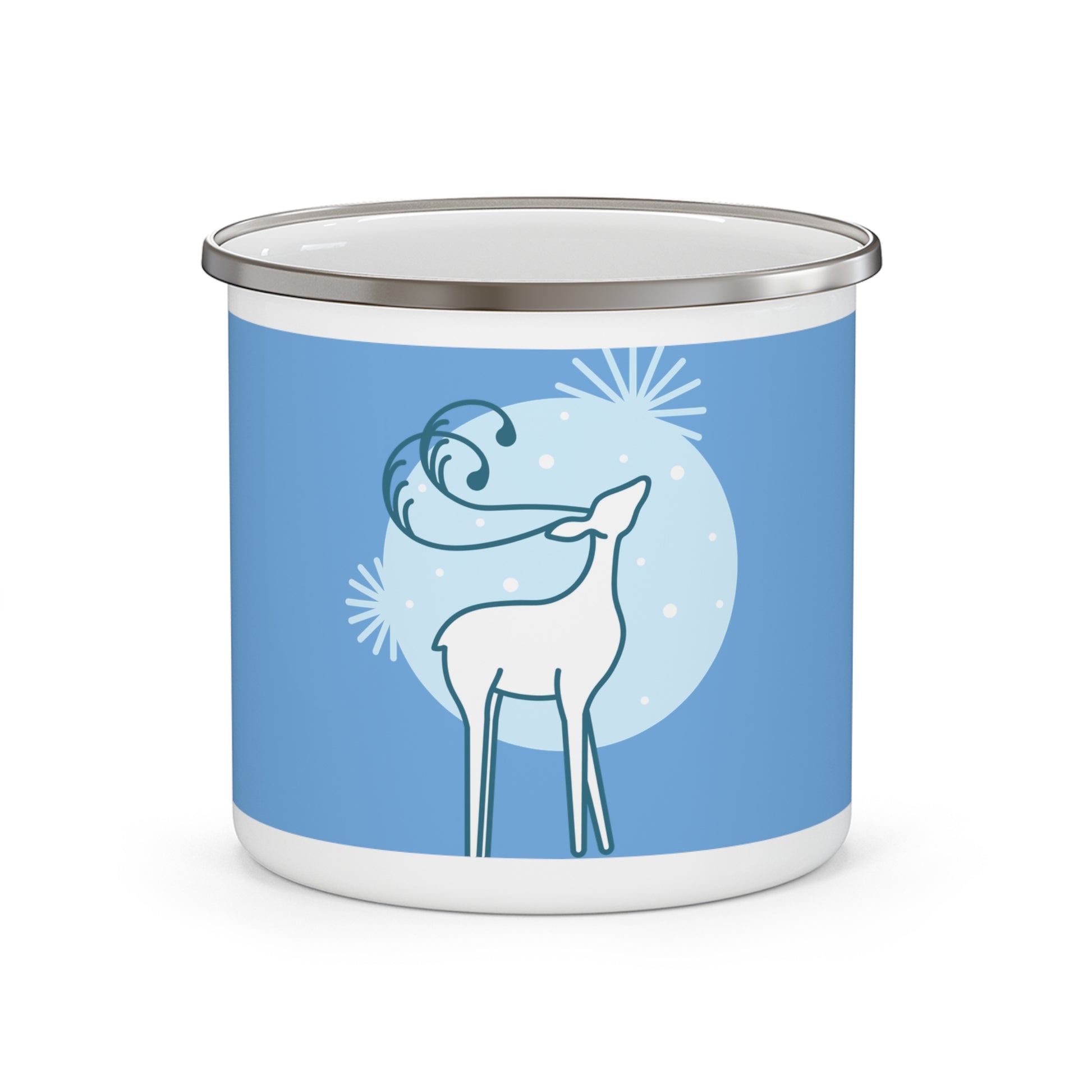 Charming Winter Enamel Camping Mug, Holiday Gift, Cozy Outdoors, Reindeer Design, Rustic Camping Accessory, Hot Beverage Mug