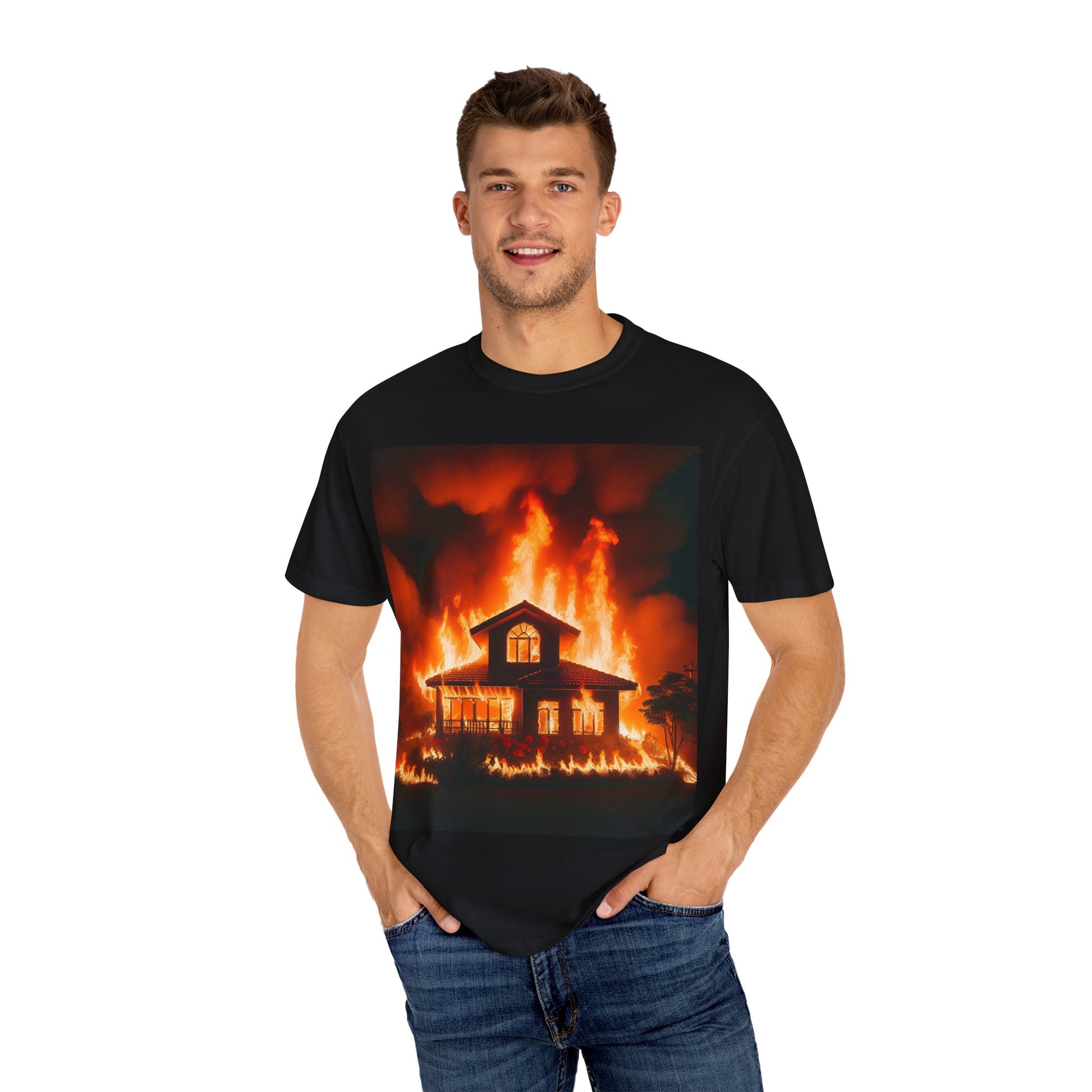 Fiery House Graphic T-Shirt, Unisex Shirt, Casual Wear, Gift for Fire Lovers, Trendy Apparel, Summer Top