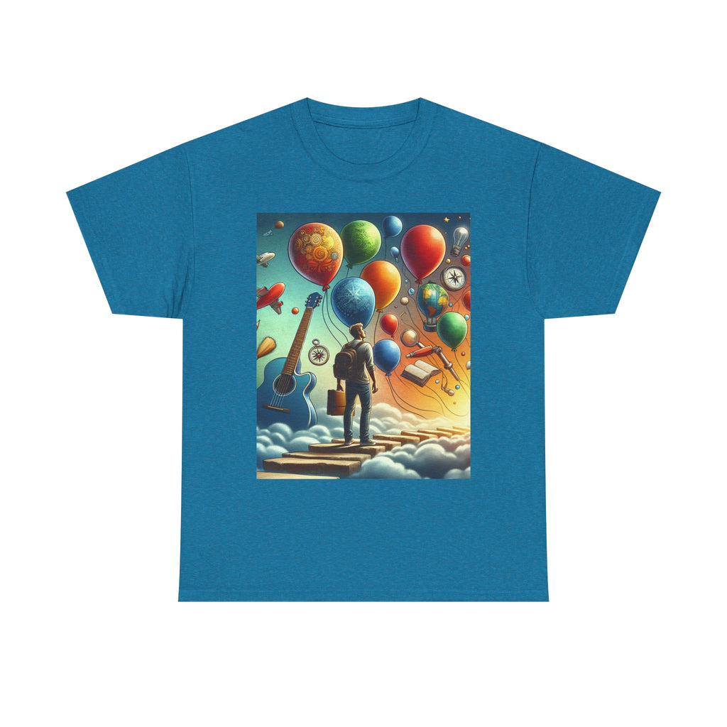 Dreamy Adventure Unisex Heavy Cotton Tee, Colorful Graphic T-Shirt, Music Lover Gift, Inspiration Shirt, Balloon Art Summer Tee