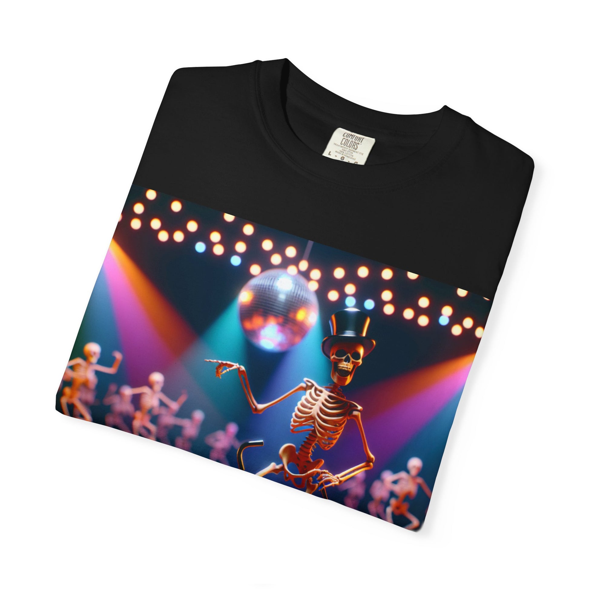 Disco Party Skeleton T-shirt, Unisex Garment-Dyed Tee, Fun Halloween Shirt, Retro Dancewear for Music Lovers, Gift for Spooky Season