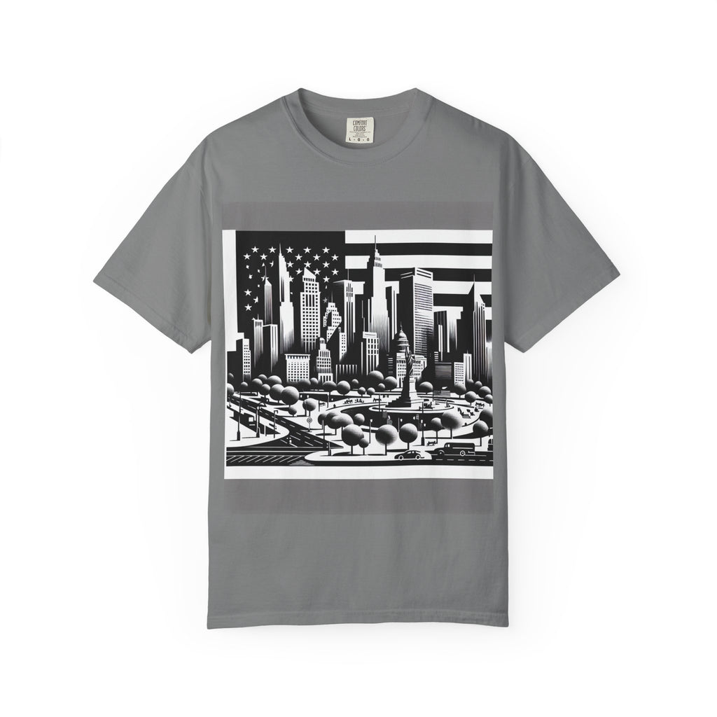 Urban Landscape Graphic Tee, Cityscape T-Shirt, Unisex Streetwear, Cool Summer Style, Travel Lover Gift, American Flag Design
