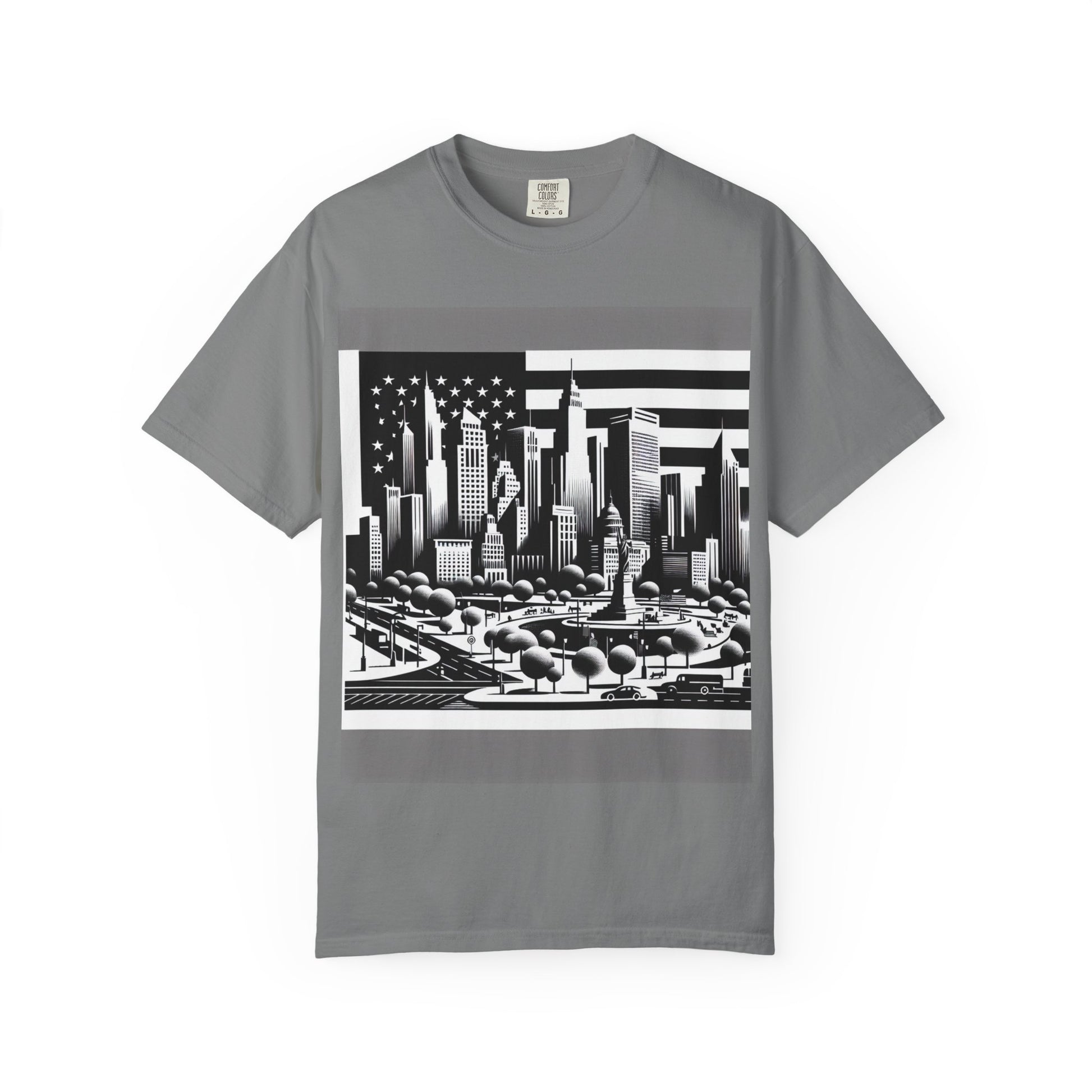Urban Landscape Graphic Tee, Cityscape T-Shirt, Unisex Streetwear, Cool Summer Style, Travel Lover Gift, American Flag Design