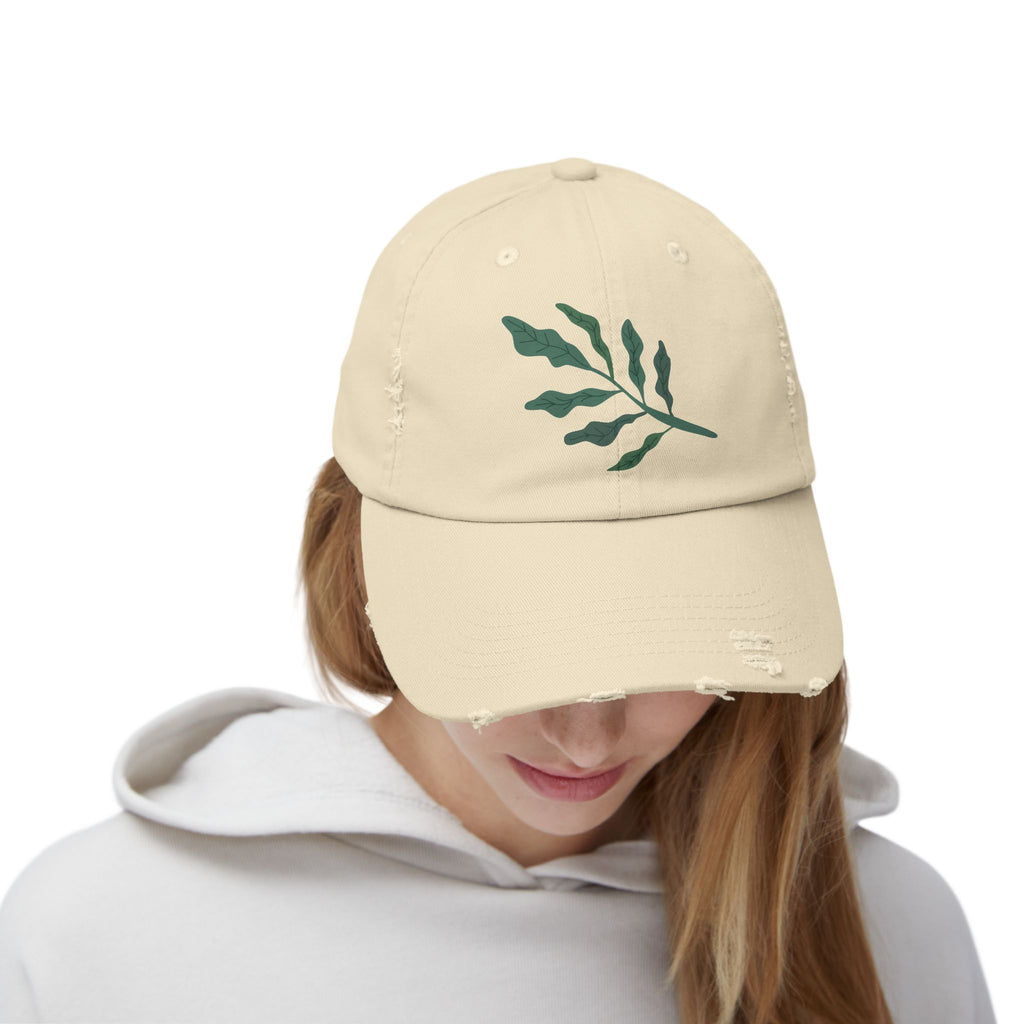 Distressed Cap with Leaf Design, Trendy Unisex Cap, Casual Summer Accessory, Gift for Plant Lovers, Outdoor Hat