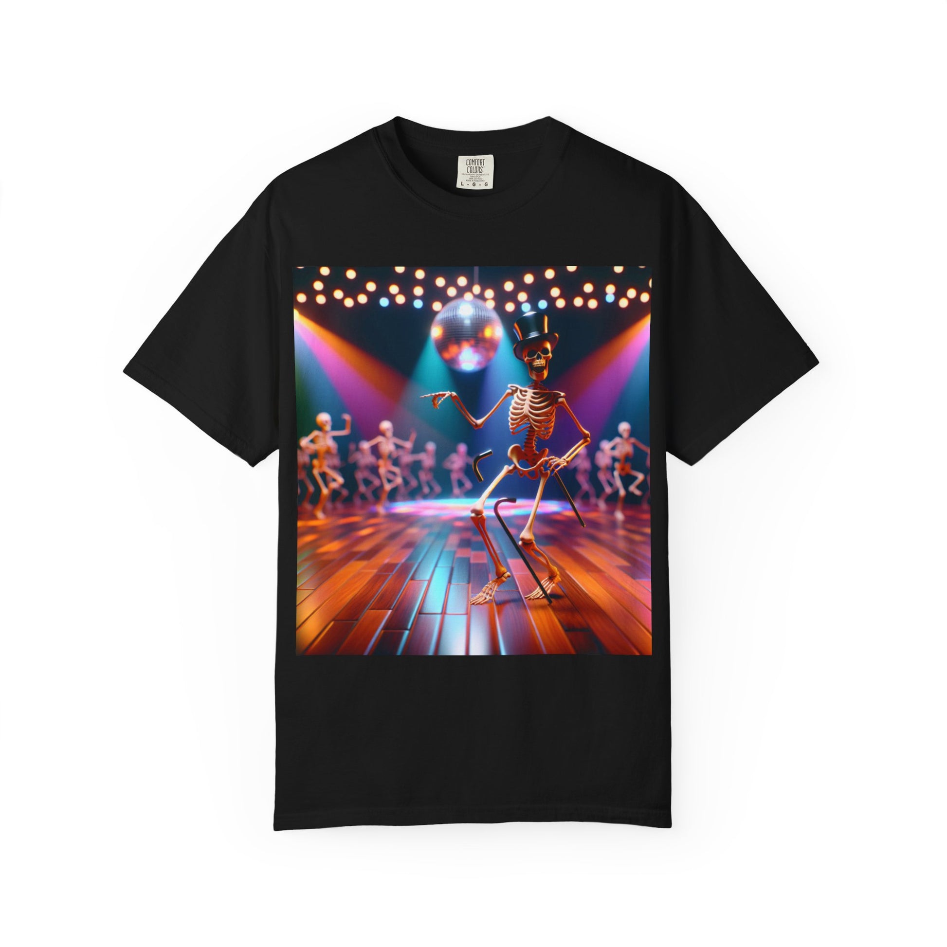Disco Party Skeleton T-shirt, Unisex Garment-Dyed Tee, Fun Halloween Shirt, Retro Dancewear for Music Lovers, Gift for Spooky Season