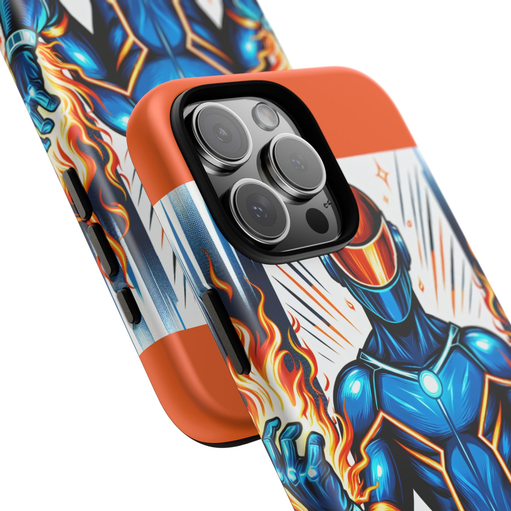 Vibrant Phone Case Featuring Fire-Themed Superhero Design, Durable and Stylish Gift for Gamers, Comic Lovers, and Tech Enthusiasts