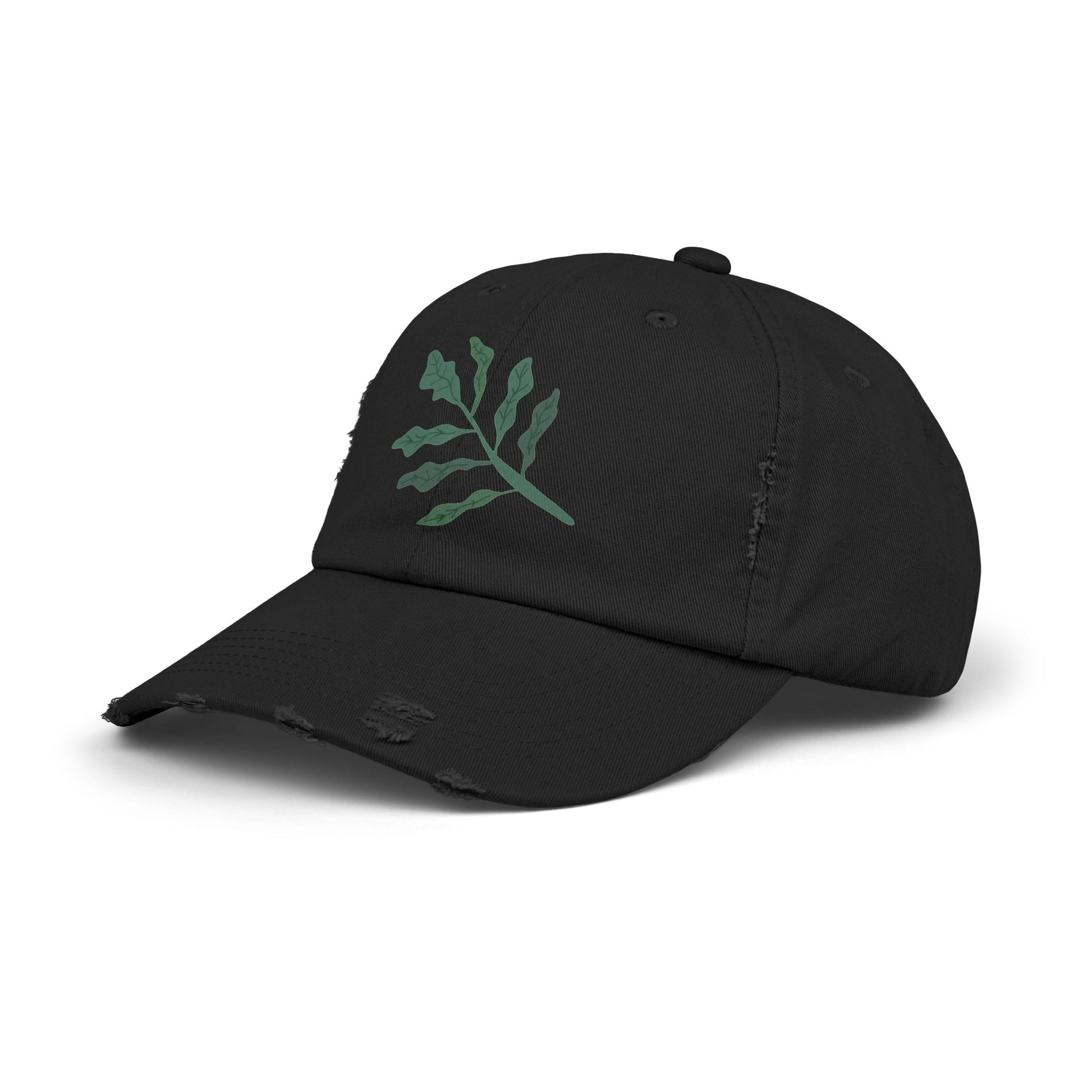 Distressed Cap with Leaf Design, Trendy Unisex Cap, Casual Summer Accessory, Gift for Plant Lovers, Outdoor Hat