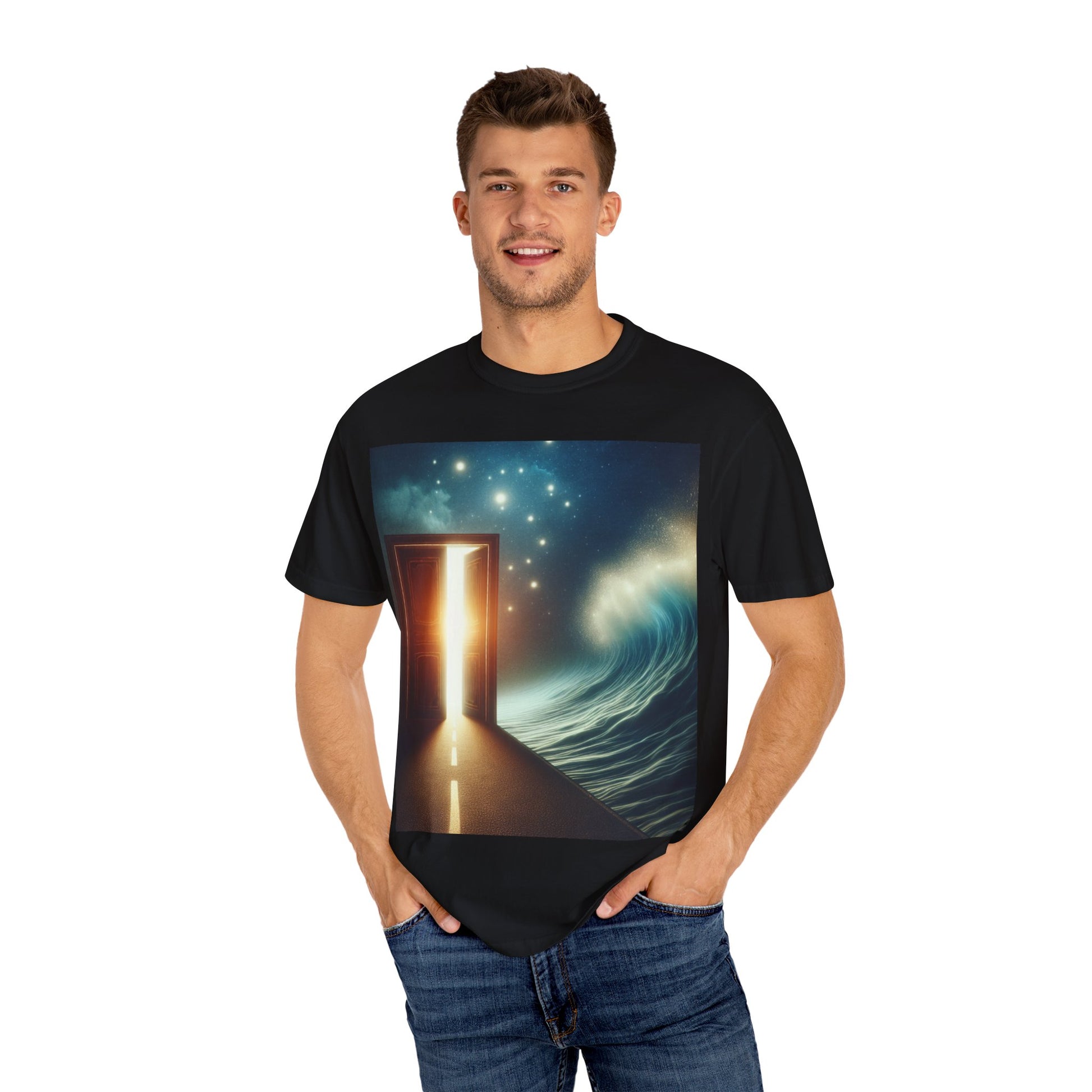 Surreal Wave Door Unisex T-shirt, Unique Graphic Tee, Gift for Dreamers, Inspirational Apparel, Perfect for Beach Lovers, Art Enthusiasts