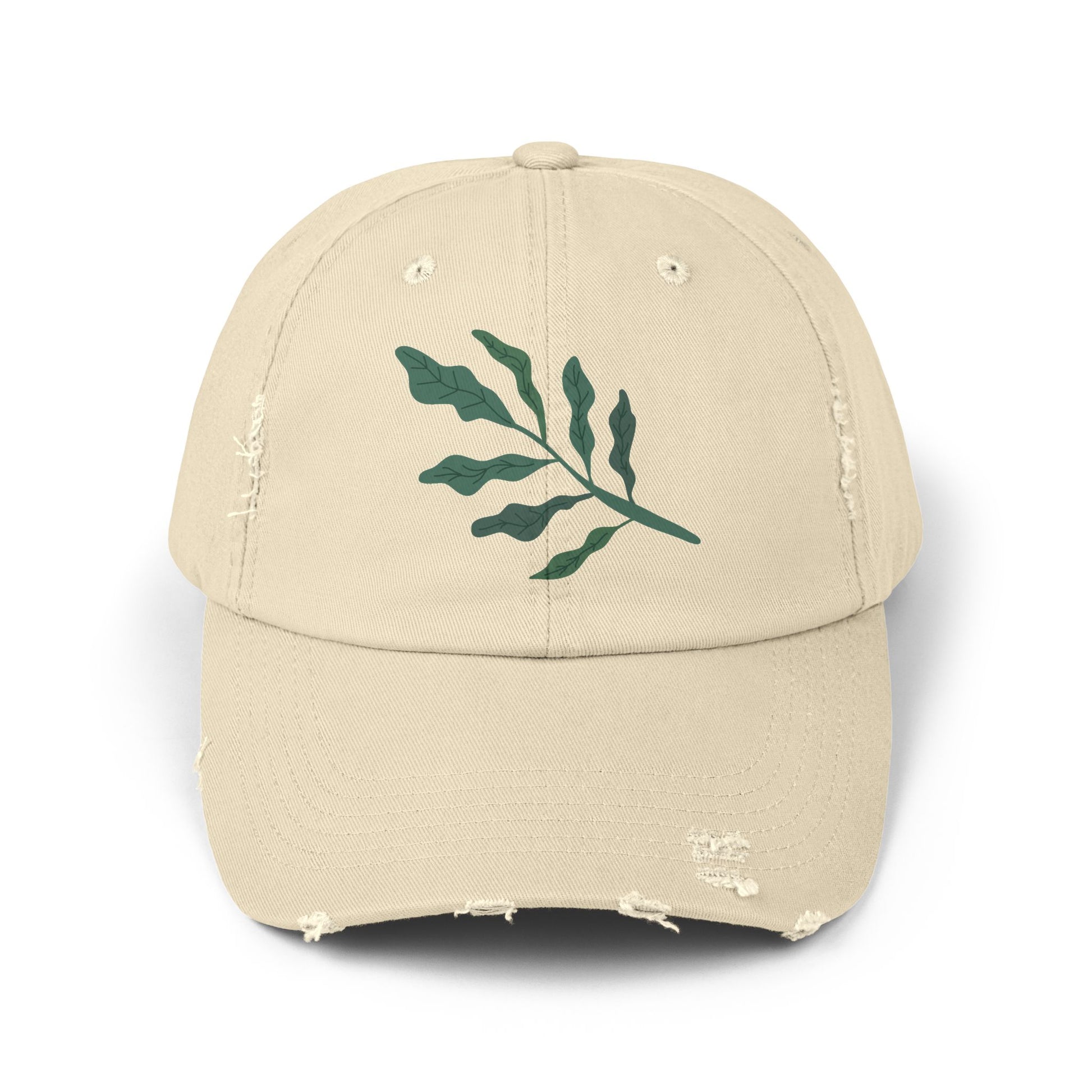 Distressed Cap with Leaf Design, Trendy Unisex Cap, Casual Summer Accessory, Gift for Plant Lovers, Outdoor Hat